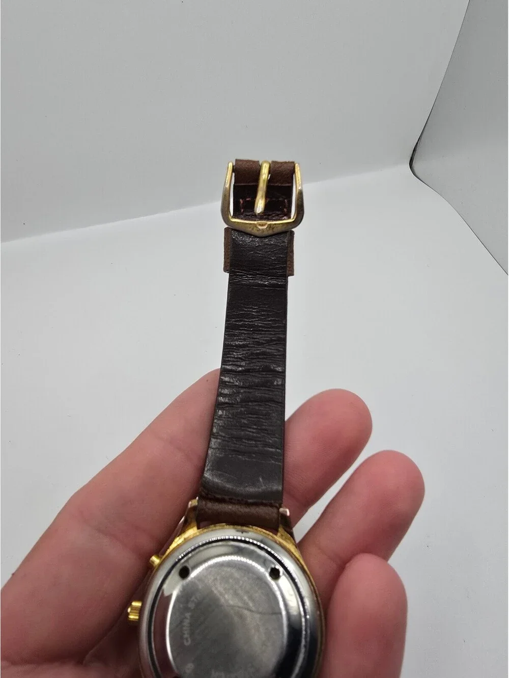 Time Optics Watch White Arabic Dial Gold Tone Brown Leather Strap
